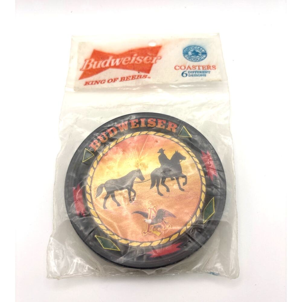 Budweiser 3.5” Metal BEER COASTERS Southwestern Cowboy 1996 NEW Sealed Bar Decor